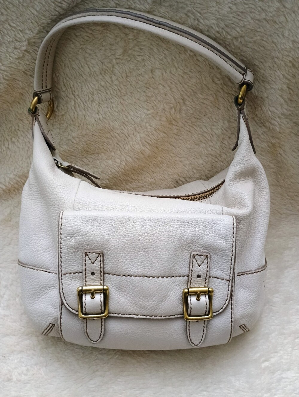 Fossil Vintage Cream Pebbled Leather Hobo Shoulder Bag Double Buckle